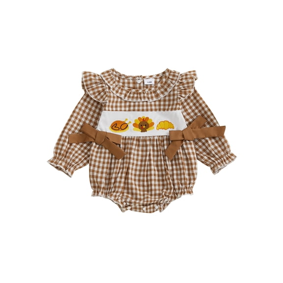 BemeyourBBs Baby Girl Thanksgiving Romper Embroideried Plaid Long Sleeve Jumpsuit