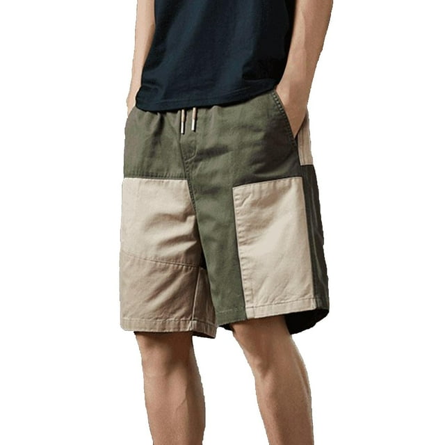 Five Quarter Pants for Men, Loose Fit Patchwork Color Design, Breathable Polyester Swim Trunks with Elastic Waistband and Drawstring, Summer Casual Shorts