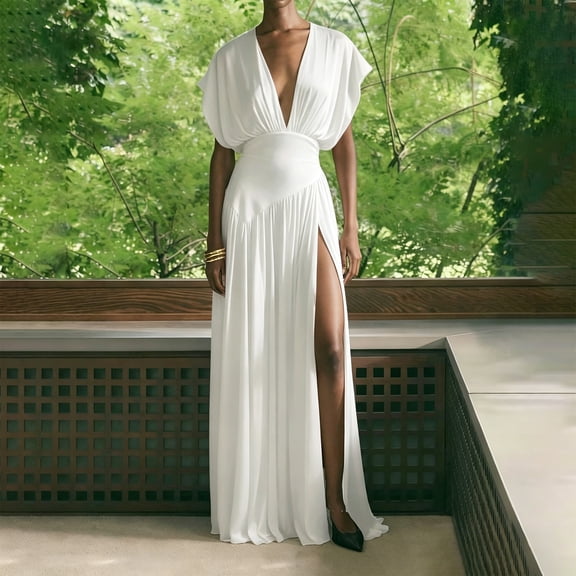 QUNYINEY Maxi Wedding Guest Dresses for Women Sleeveless White Formal Elegant Cocktail Dresses Summer V Neck Evening Party Slim Fit Dresses