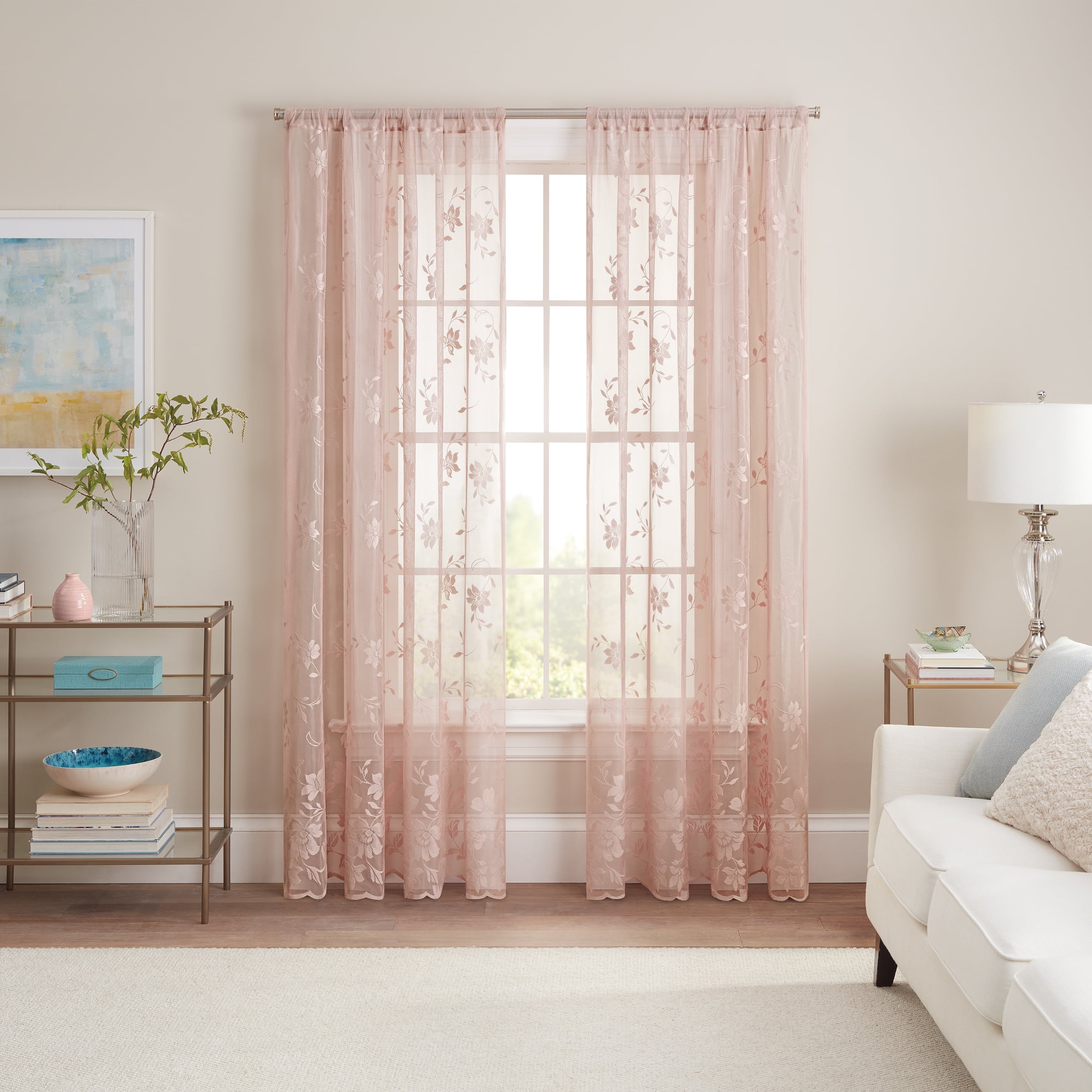 Waverly Sherry Floral Lace Sheer Rod Pocket Curtain Panel, Blush, 54 x