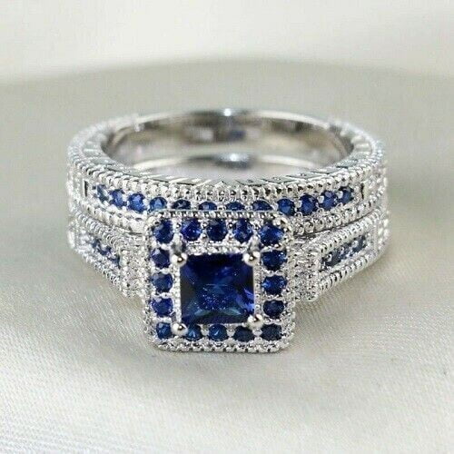 2Ct Princess Simulated Blue Sapphire Halo Wedding Women's Bridal Ring In 14k White Gold Plated Pure 925 Sterling Silver