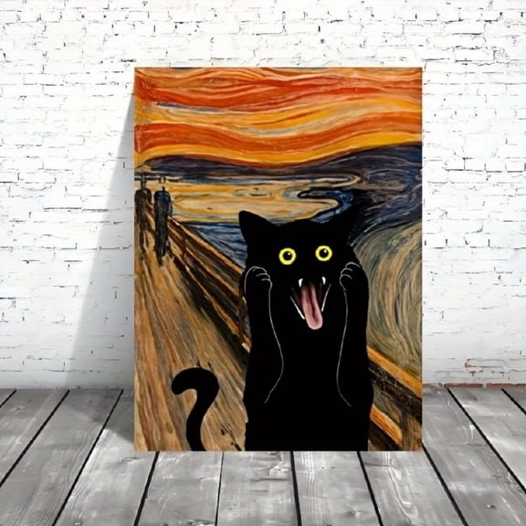 The Scream Black Cat Parody Canvas Wall Art, Funny Edvard Munch Famous Painting Cat Print, Whimsical Humorous Cat Lover Wall Decor