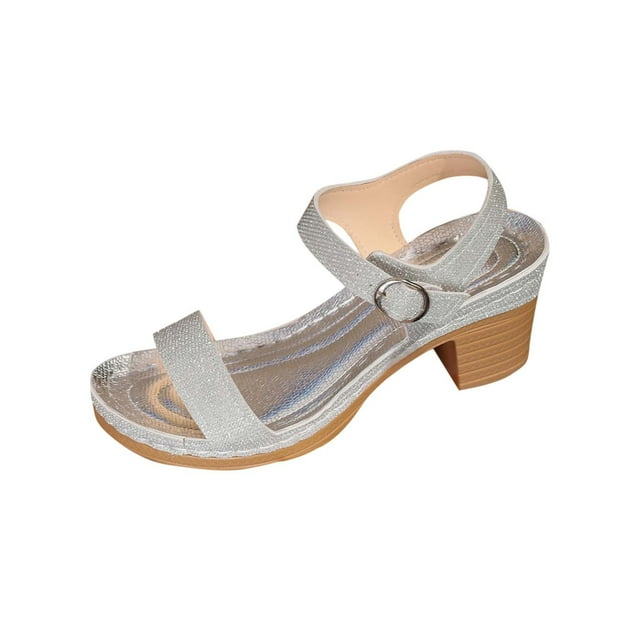 Heel Sandals for Women Block Chunky Heel Open Toe Ankle Strap Soft Sole Beach Summer Pumps Silver