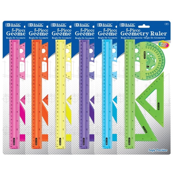 BAZIC 5-Piece Math Geometry Ruler Combination Sets, School Supplies, 4-Packs