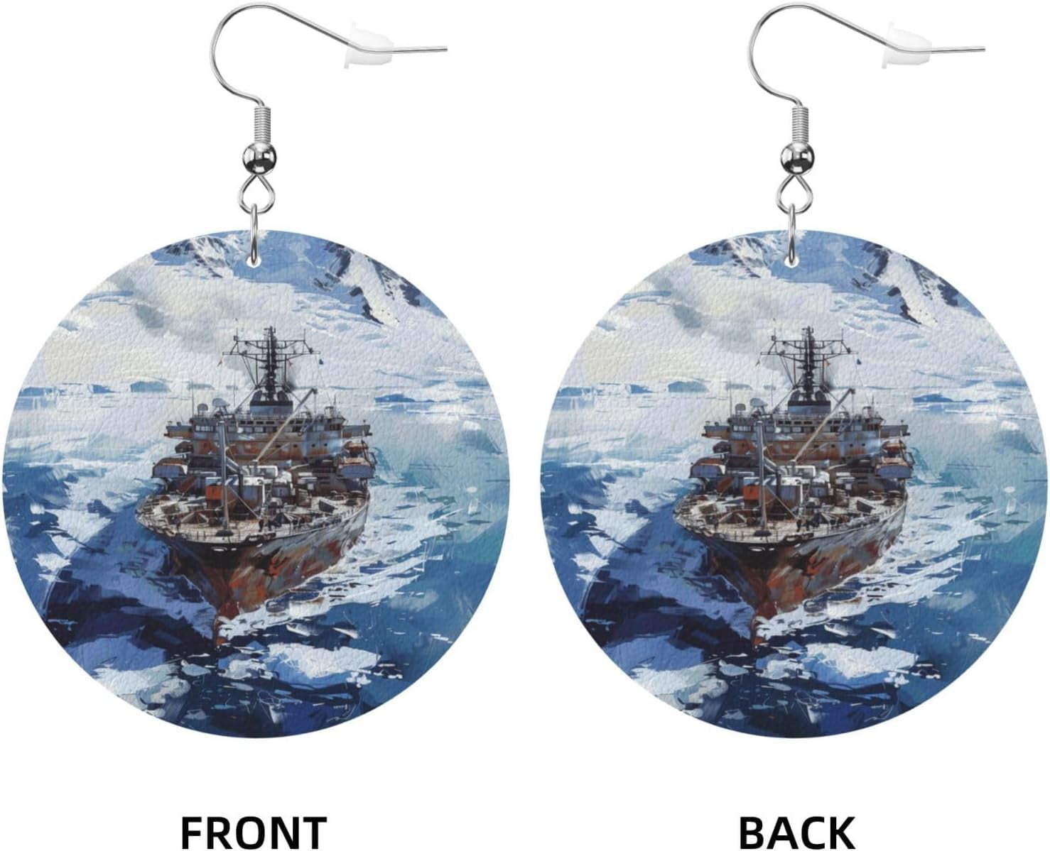Snow Mountain Steamship Earrings for Women PU Leather Dangle Earrings, lightweight comfortable Round Shape Leather Teardrop Dangly Ear Pendants Jewelry Gift[h045]