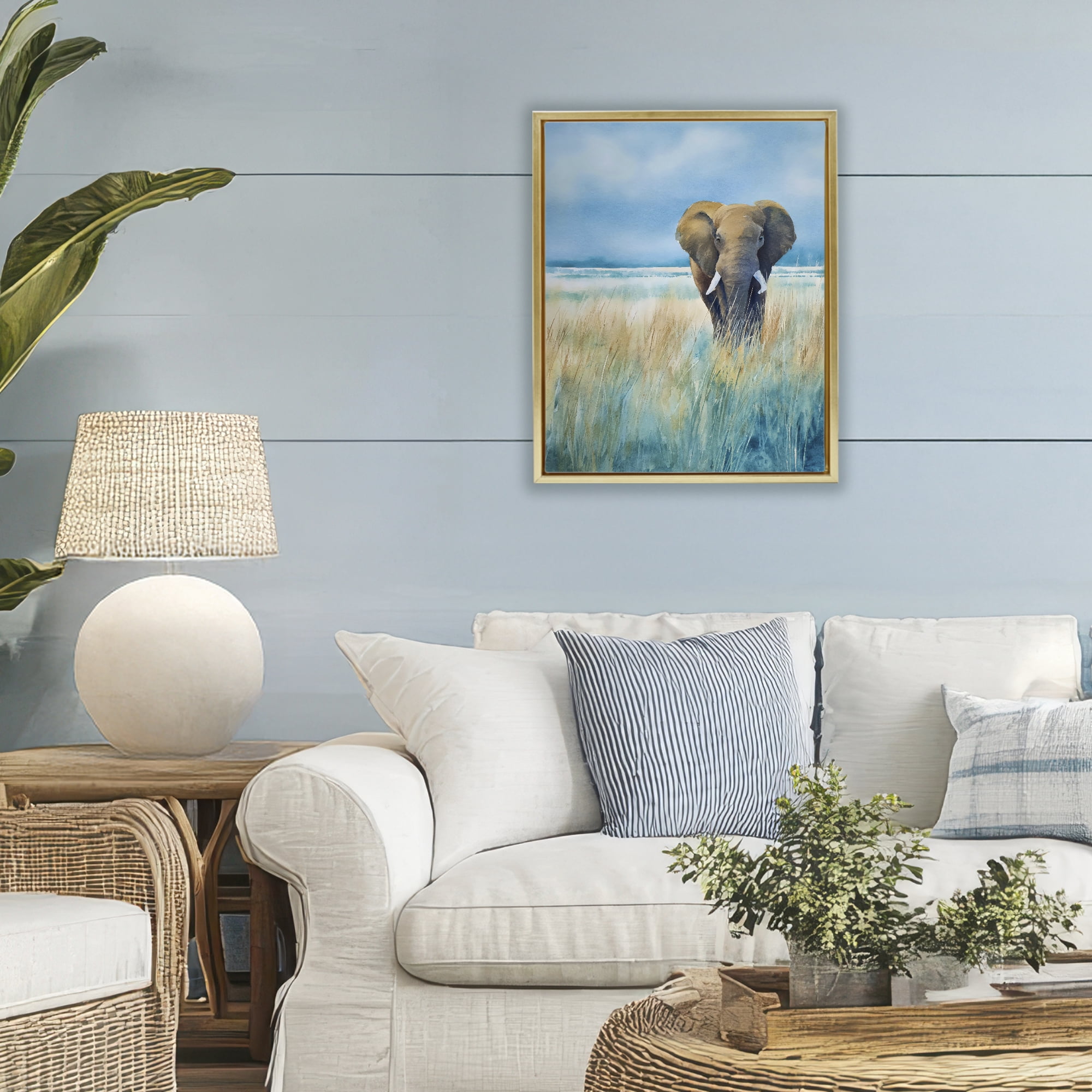 Stupell Industries Blue Grass Elephant Gold Framed Floater Canvas Wall Art, design by Franklyn Gregory