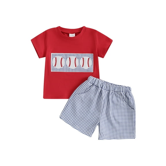 PaerPade Baby Toddler Boys Shorts Set, 6 12 18 24 Months 2T 3T Short Sleeve Embroidery Baseball T-shirt with Plaid Shorts Summer 2-piece Outfit