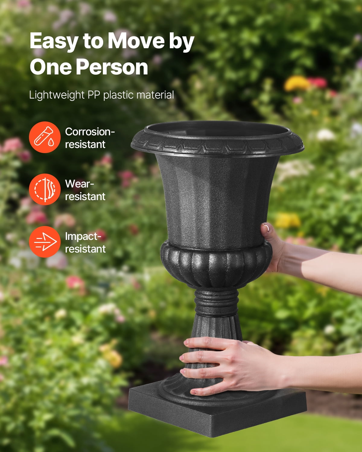 VEVOR 2 Pack Plastic Urn Planters 9.8 x 16.5 inch, Classic Flower Pots Front Porch Planters, Indoor & Outdoor Vase for Wedding, Party, Event, Home, Garden, Balcony, Patio Decoration (Black)