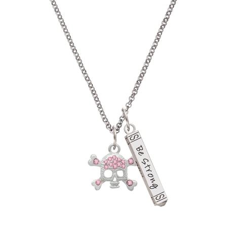 Delight Jewelry Silvertone Skull and Crossbones with Pink Crystals Silvertone Be Strong and Courageous Bar Charm Necklace, 23"