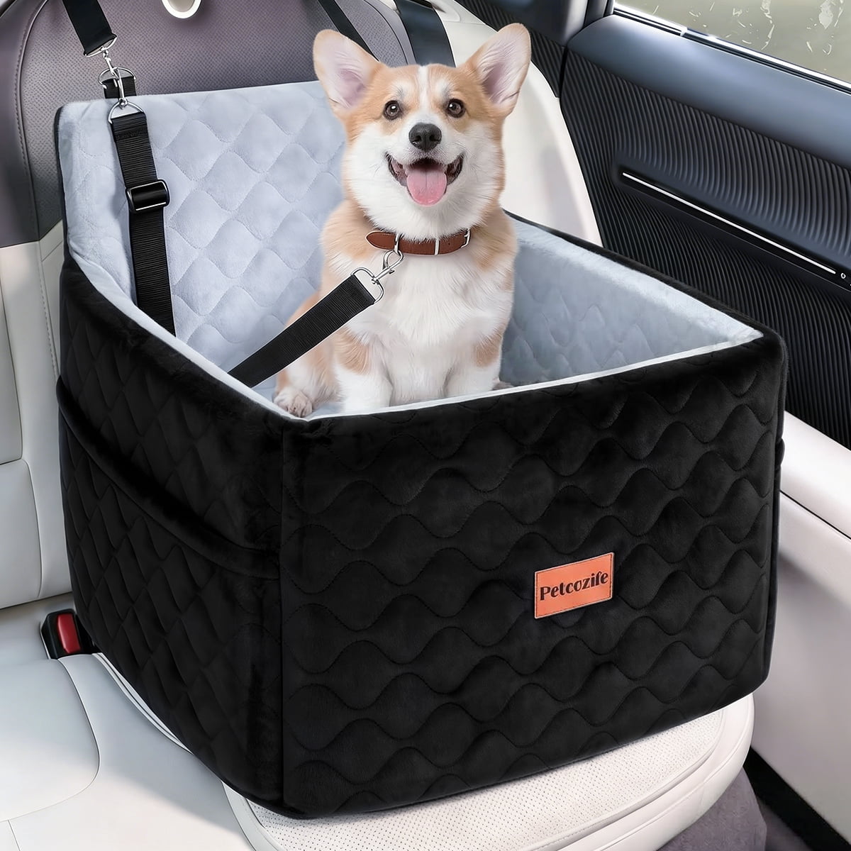 Dog Booster Car Seat for Small/Medium Dogs Up to 35lbs, DOMIPET Pet Car Travel Bed with Storage Pockets & Safety Belt, Elevated Cushion Fully Detachable and Washable
