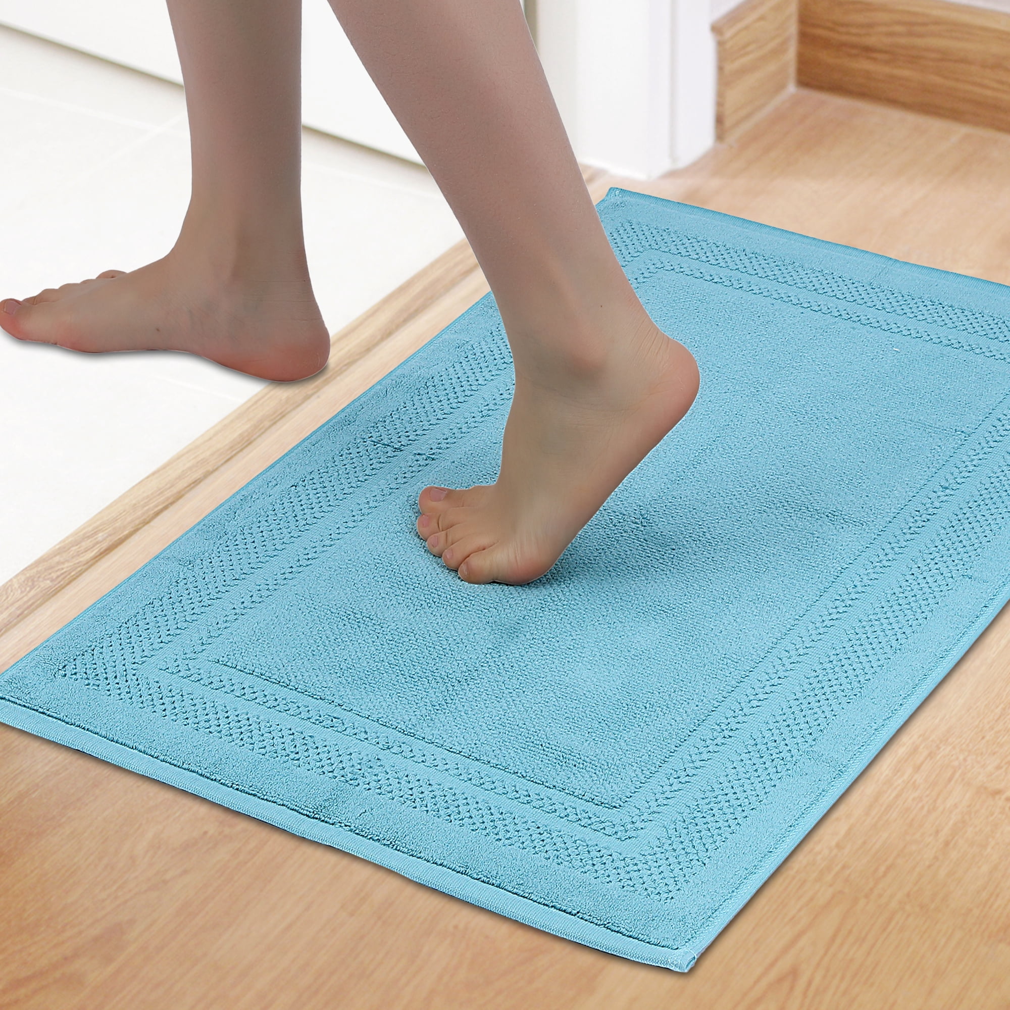 Unique Bargains Washable Cotton Bath Rugs Quick Dry Floor Carpet Shower Mat Blue