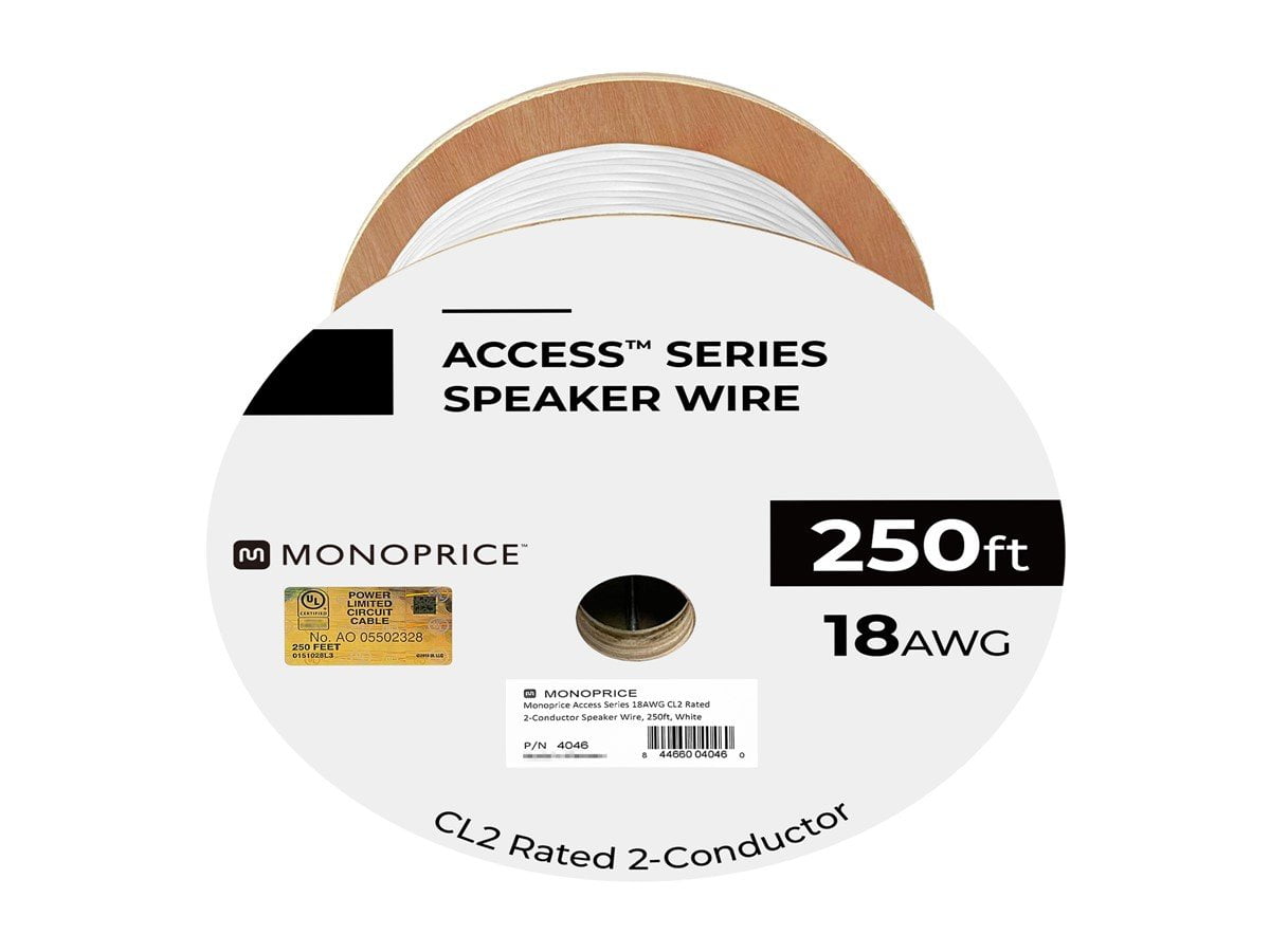 Monoprice Speaker Wire, CL2 Rated, 2-Conductor, 18AWG, 250ft, White
