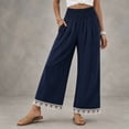 thumbnail image 2 of Yungyresw Womens Wide Leg Palazzo Pants Lace Hem Elastic Smocked Waist Casual Pants Lightweight Straight Trousers With Pockets Navy L, 2 of 4