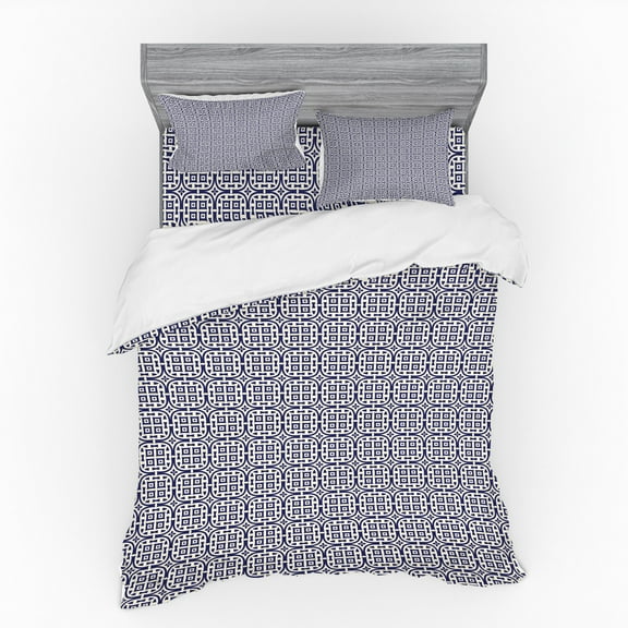 Ethnic Duvet Cover Set, Traditional Pattern with Symmetric Geometric Formations, Bedding Set with Shams and Fitted Sheet, 3 Sizes, by Ambesonne
