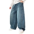 thumbnail image 3 of MKOSPLRT Distressed Jeans for Boy Elastic Waist Baggy Straight Wide Leg Denim Pants Vintage Washed Streetwear Jean with Pocket 7-17 Years, 3 of 8