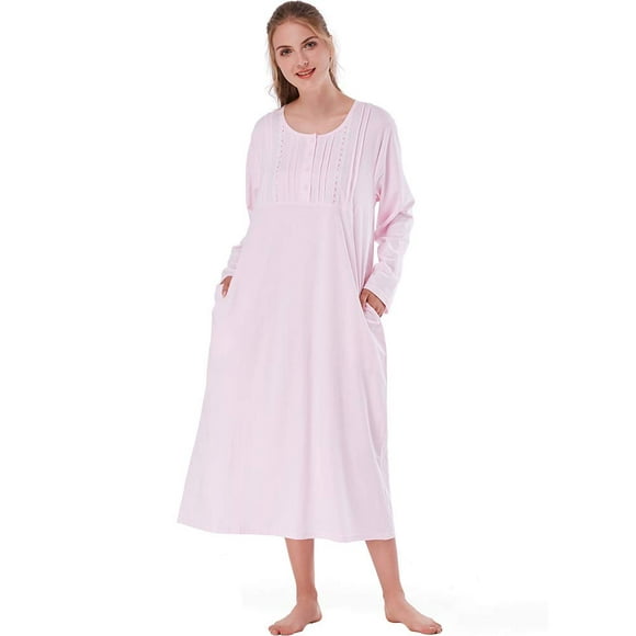 FOLUNSI Chemises de Nuit pour Femmes Coton Doux Léger à Manches Longues Chemise de Nuit Vêtements de Nuit Lounge-wear W / Pockets