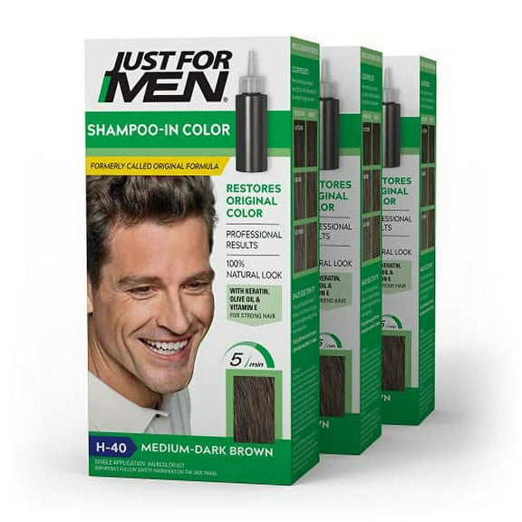 Just For Men Shampoo-In Color (Formerly Original Formula), Mens Hair Color with Keratin and Vitamin E for Stronger Hair - Medium-Dark Brown, H-40, Pack of 3