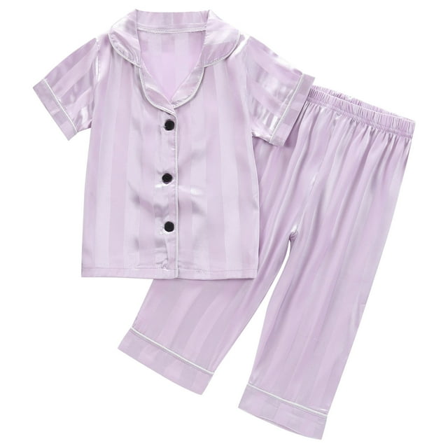 Odeerbi 1-8 Años Niños Niñas Pijama de Verano de Satén Con Solapa de Muesca Camisa de Manga Corta Pantalón Conjunto de Ropa de Dormir Suave Pijama de Dos Piezas