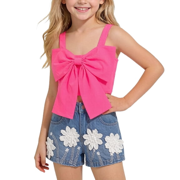 Cethrio Girls Summer Outfit Sets Size 7-8T, Sleeveless Summer 2 Piece T-shirts and Denim Shorts Sets Hot Pink Size 7-8T