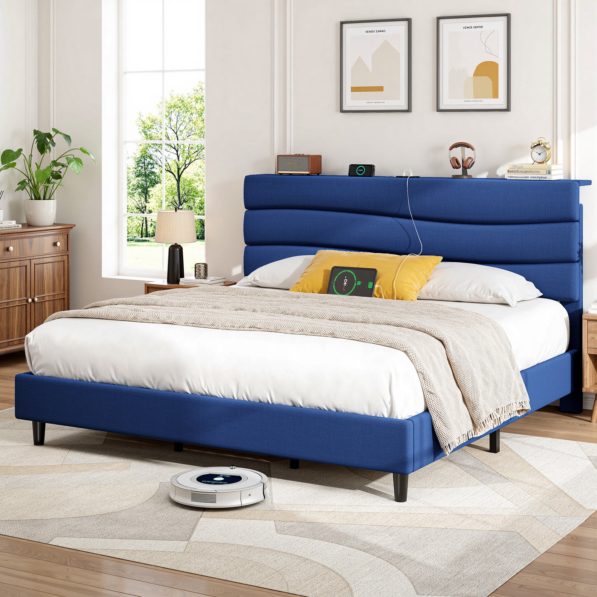EnHomee Upholstered Bed Frame with Adjustable Headboard Queen Size Bed Frame with Charge Station & Storage, Navy Blue, No Box Spring Needed, Noise Free