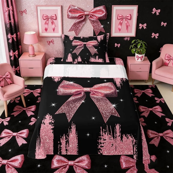 Meiyoeat Girly Pink Bow Twin Sheets 3pcs for Teens, Sparkle Glitter Print Bedding for Bedroom