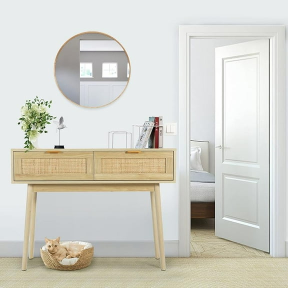 Console Table Rattan Desk with Drawers, Oak Narrow Sofa Table with Pine Leg, Modern Small Entryway Table for Hallway and Living Room, 39" Rustic Natural