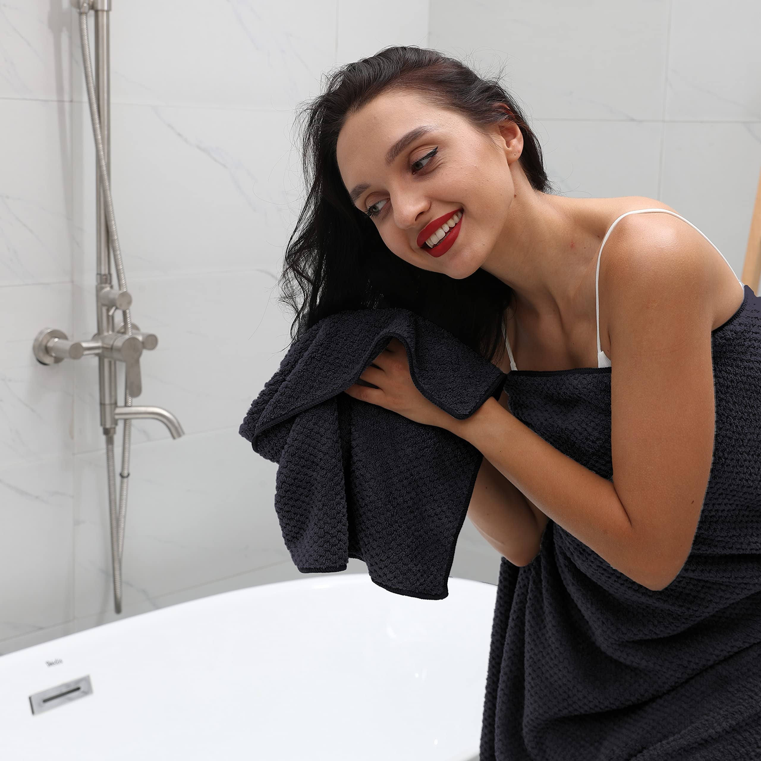 Smuge 2 Pack Hand Towels (16 x 31 in, Black) 600 GSM Ultra Soft Microfiber Towel Set Thick Cozy Quick Dry Shower Hand Towels for Bathroom Kitchen Spa Hotel Gym