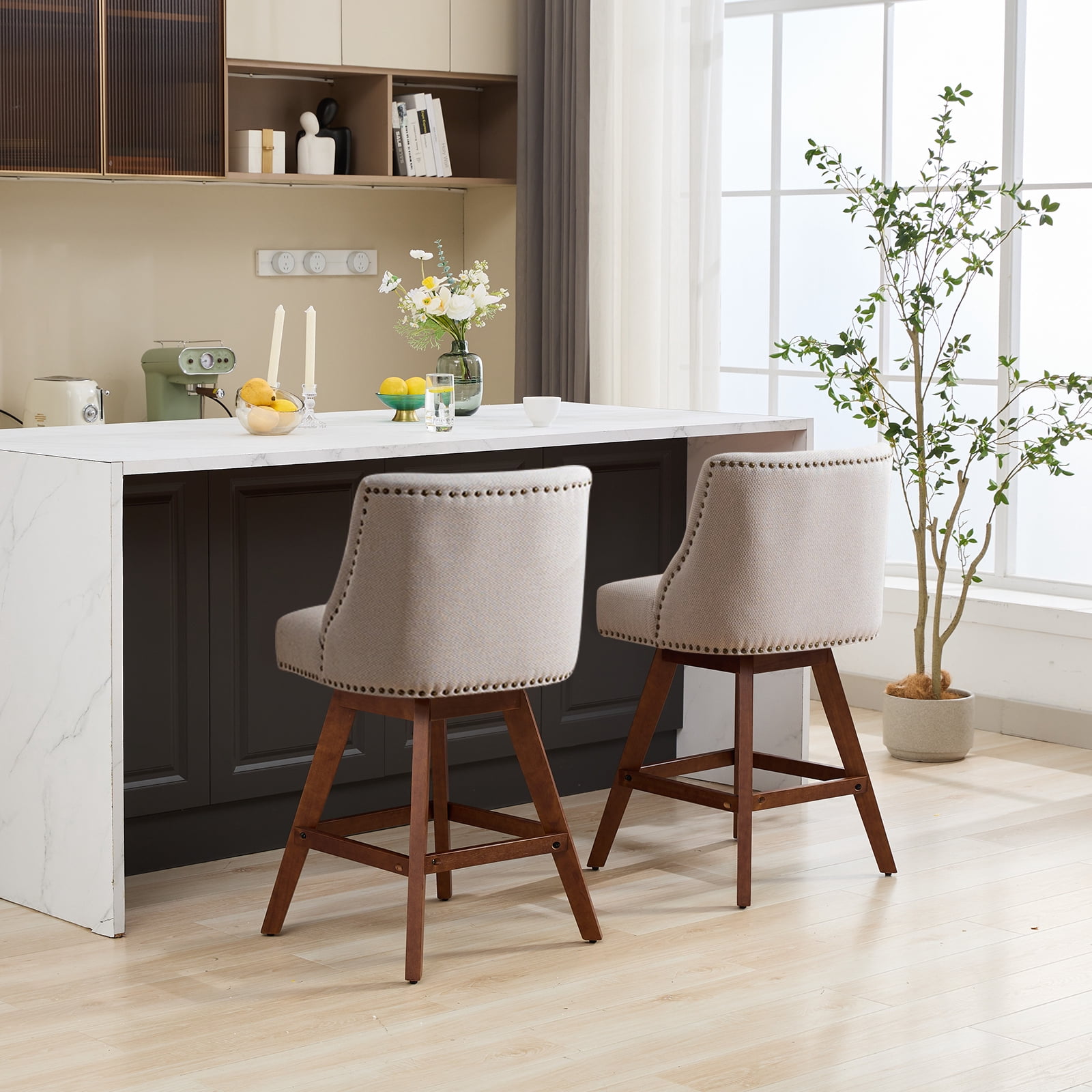 Zateety Counter Height Swivel Barstools, 26'' H Seat Height Upholstered Bar Stools Set of 2, Fabric in Ivory