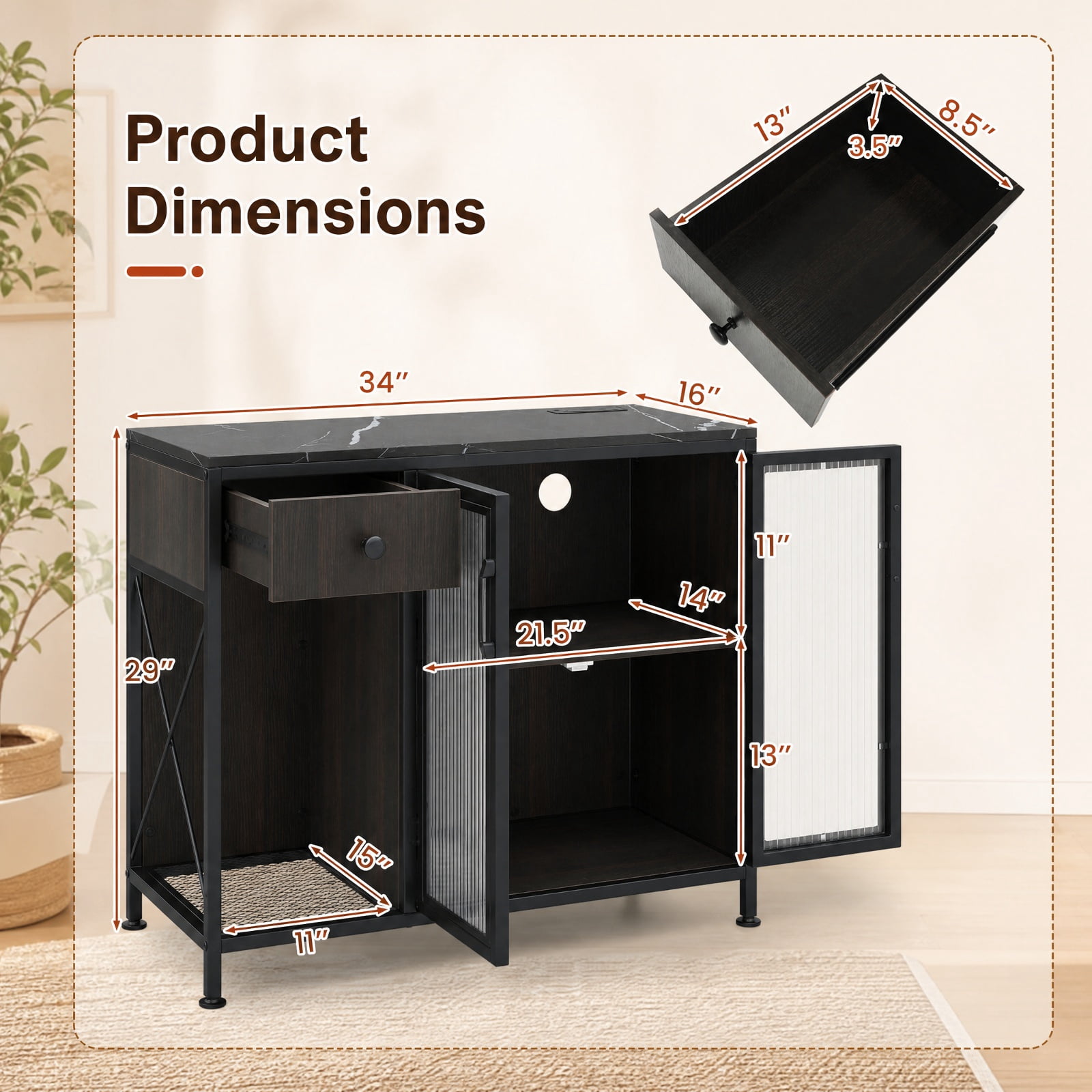 Furnibear Buffet Sideboard with Doors Power Outlets and LED Light for Kitchen Dining Living Room Buffet Storage Server, Black