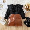 thumbnail image 2 of Toddler Kids Baby Girls Long Sleeve Ruffle T Shirt Tops PU Leather Zipper Skirts 2PCS Outfits Clothes Set, 2 of 7