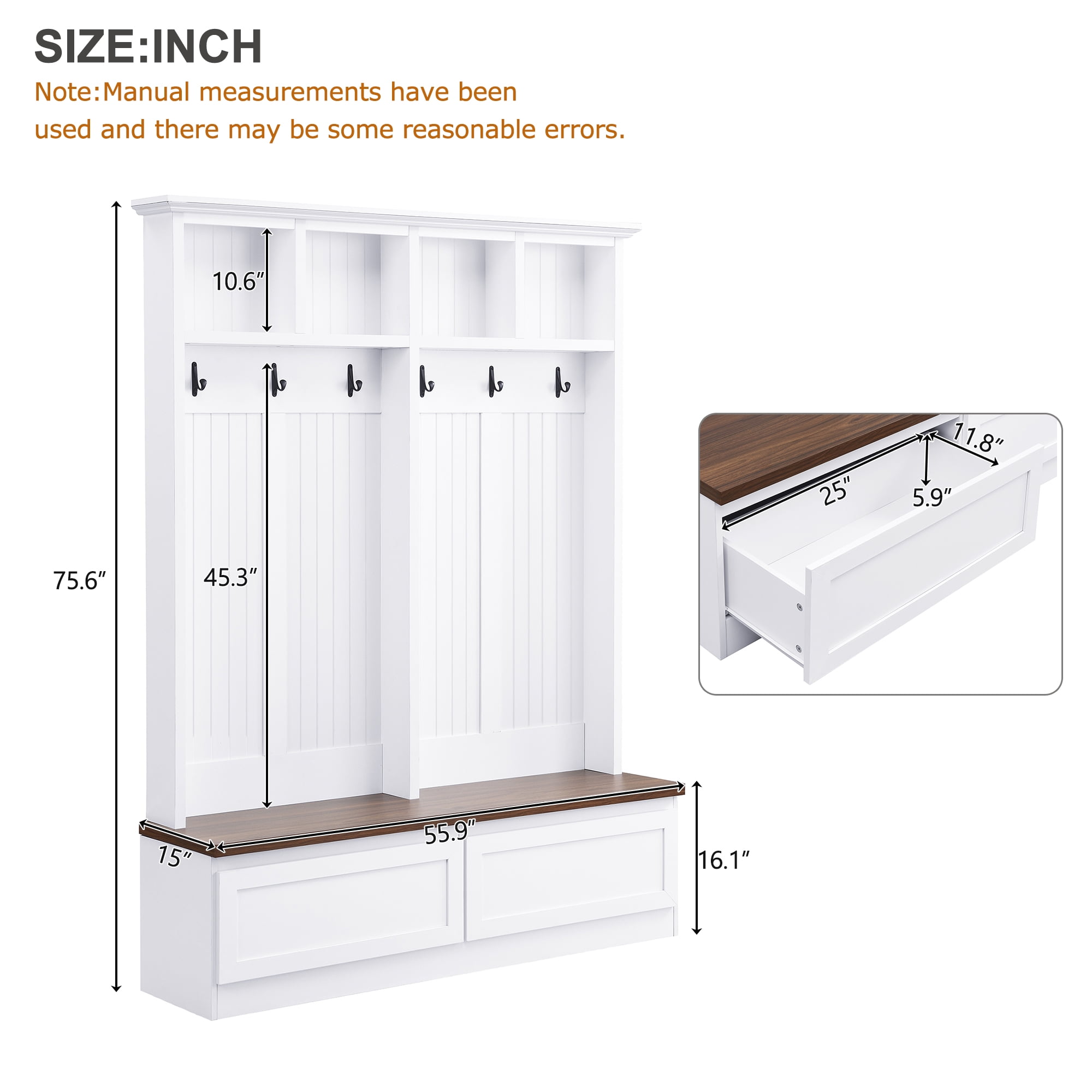 Euroco Farmhouse Hall Tree with Bench, Drawers, Hooks, and Upper Storage, Curved Top Design, Anti-Tip Safety