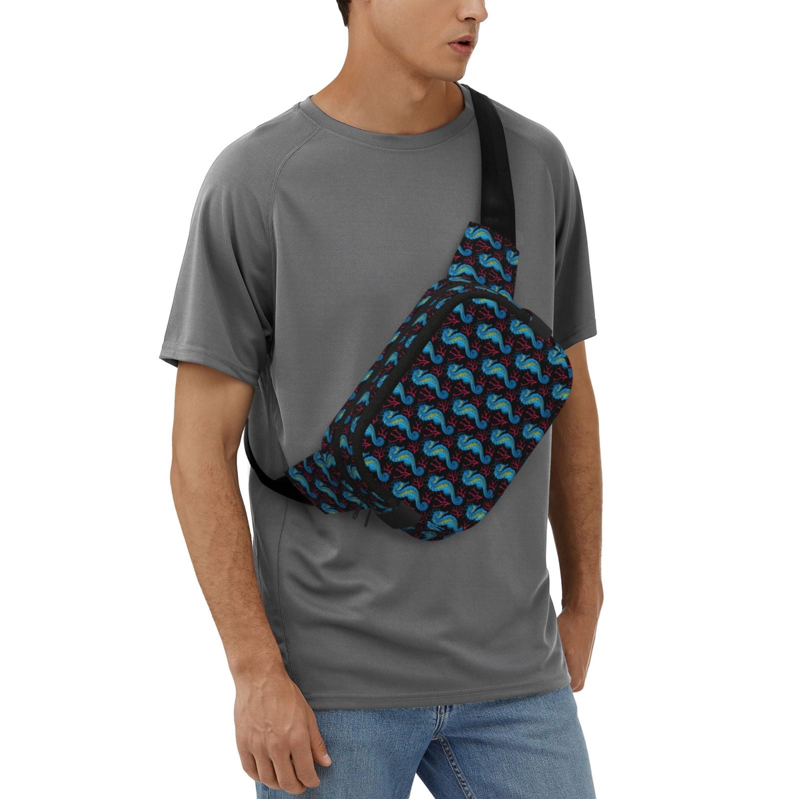 Picia Blue Seahorse Print Square Double-Layer Waist Bag Mini Adjustable Waist Belt Bag Exercise Running Travel Hiking