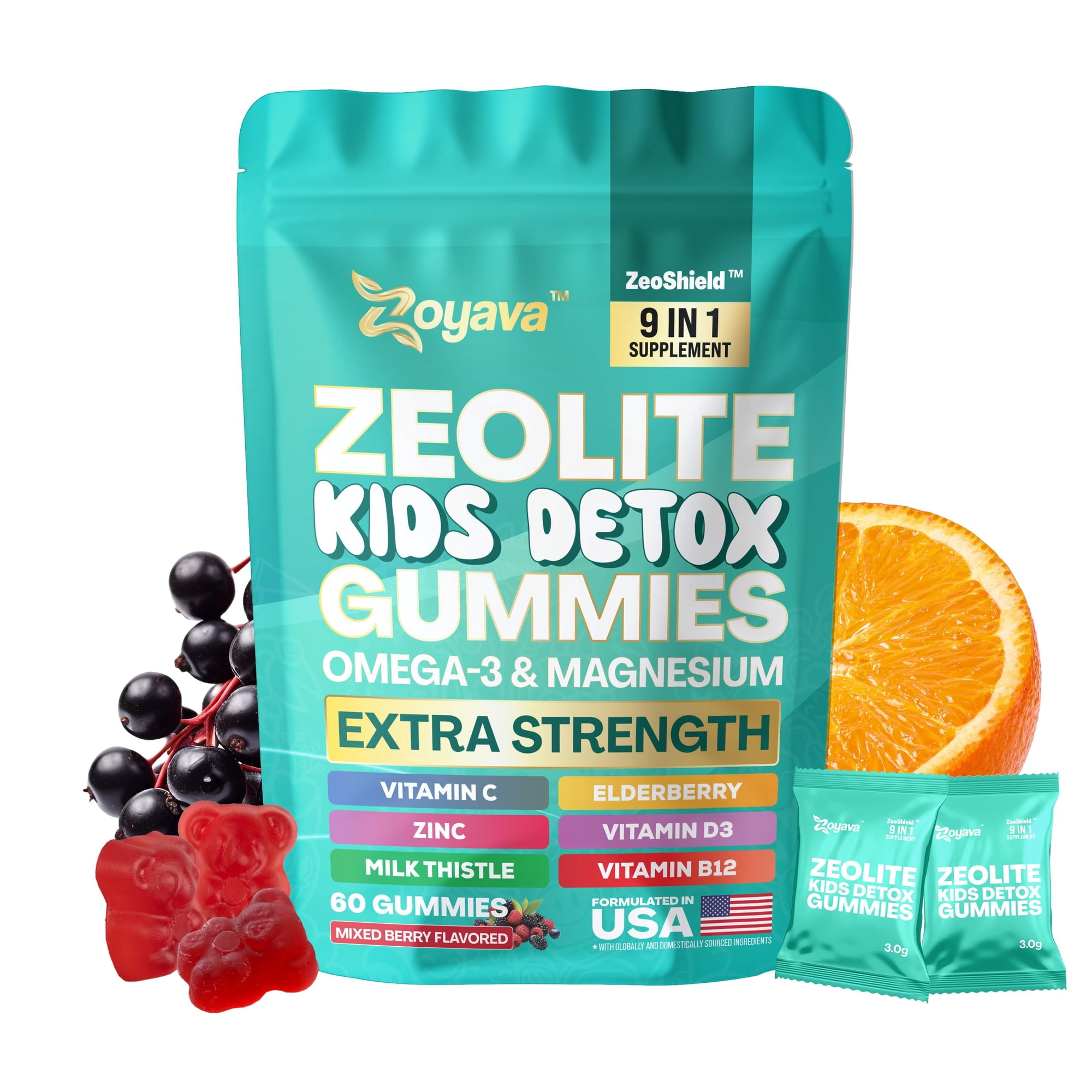 Zoyava Zeolite Detox Gummies for Kids, Elderberry Extract 10mg, Kids Detox, Immune & Gut Health, Energy, Brain & Bone, Omega-3, D3, B12, Mixed Berry, 60ct