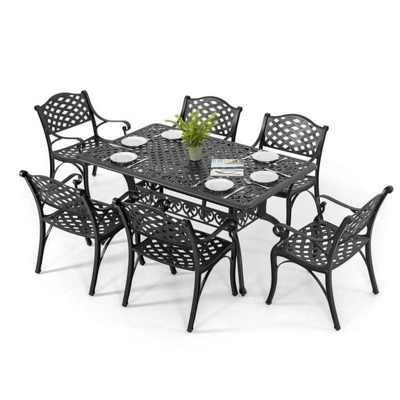 Nuu Garden 7-Piece Cast Aluminum Outdoor Patio Dining Set for 6-Person, Outdoor Furniture Sets with Umbrella Hole, Anti-rust Vintage Patterns Dining Set,Black