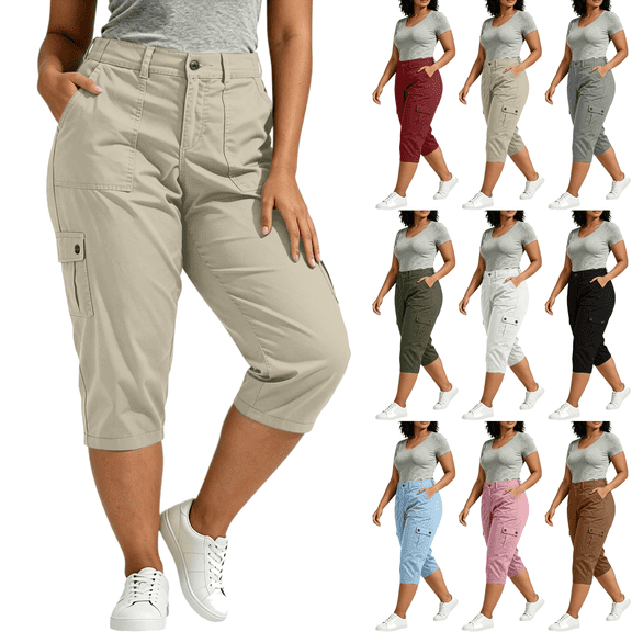 Cargo Capri Pants for Women Plus Size Mid-Rise Loose Lightweight Capris with Pockets Summer Casual Hiking Pants,Sizes L-5XL