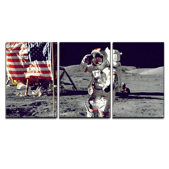 wall26 - 3 Piece Canvas Wall Art - Astronauts on The Moon - Modern Home Art Stretched and Framed Ready to Hang - 24"x36"x3 Panels