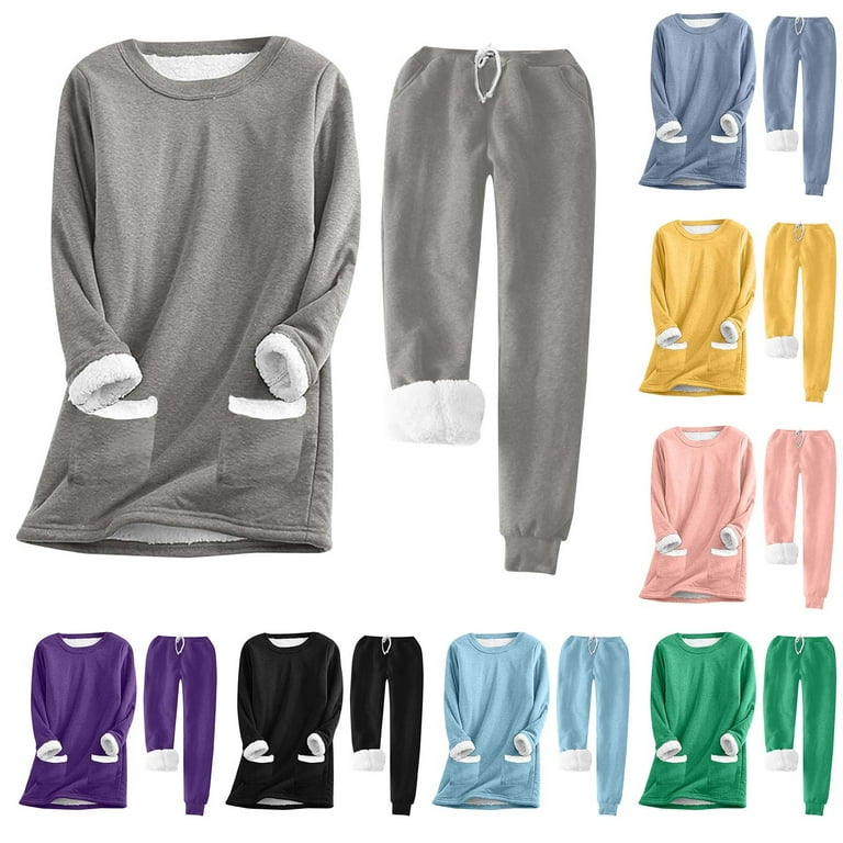 AherBiu Fleece Lined Sweatsuits Women Winter Warm 2 Piece Outfits Sherpa  Lined Jogging Set Sweat Suits Loungewear Pajamas 