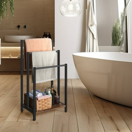 Freestanding 3-Tier Towel Rack with Rustic Wooden Shelf – Industrial Blanket Ladder Holder for Living Room, Bathroom, and Bedroom， Brown