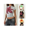 thumbnail image 4 of Aojekbee Women T-shirt, Crew Neck Short Sleeve Flower Print Slim Fit Summer Tops for Casual Daily, 4 of 7