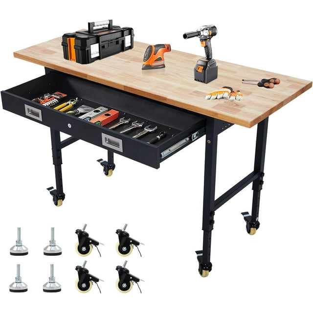 AKDSteel 60" Adjustable Height Workbench with 2000 Lbs Load Capacity, Heavy Duty Rubber Wood Top, Mobile Rolling Work Table with Drawer, Pegboard, Power Outlets & Lockable Wheels for Garage Workshop