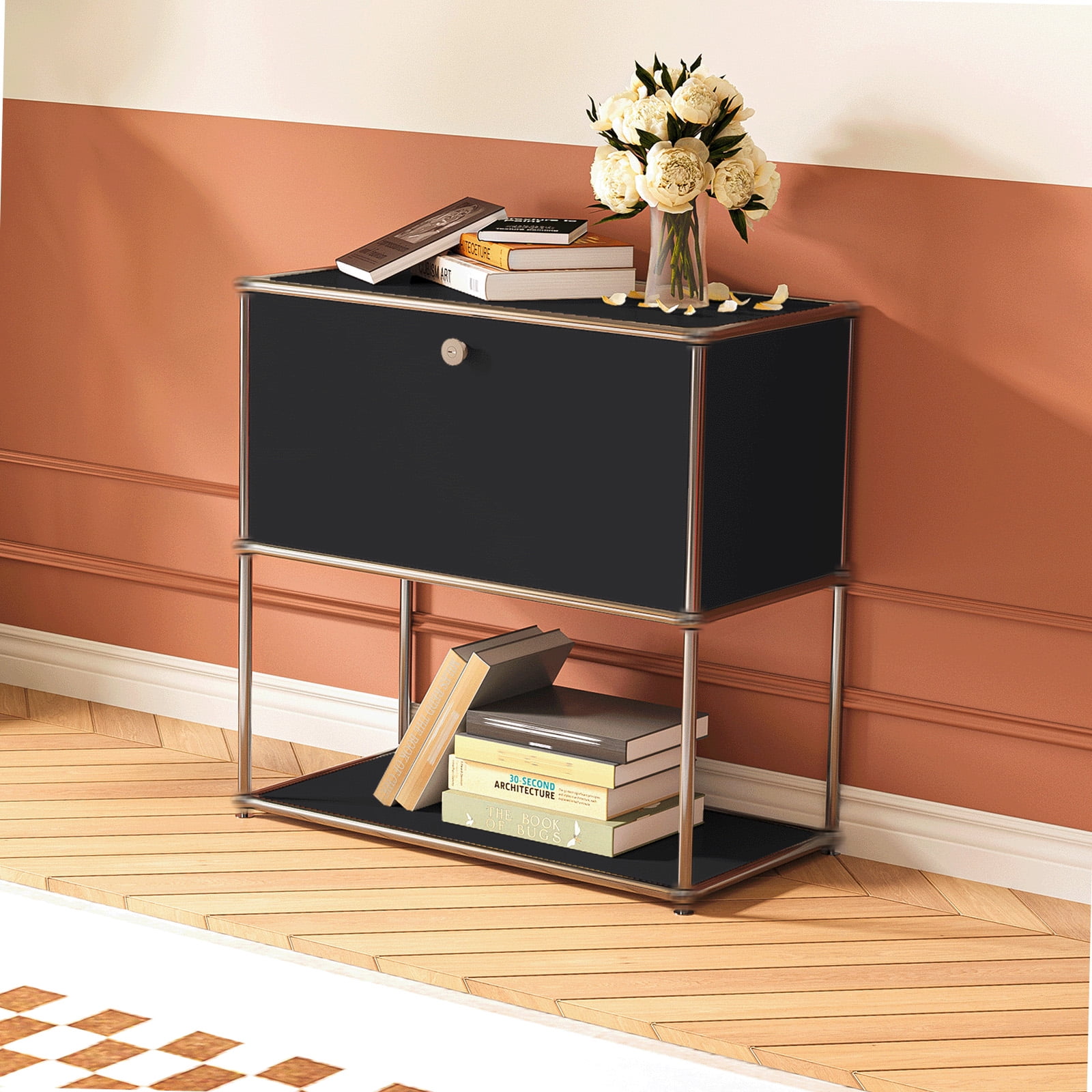 Cottinch 2-Tier Accent Cabinet,Metal Storage Cabinets with 1 Door,Open Shelf,Freestanding Organizer for Living Room,Black