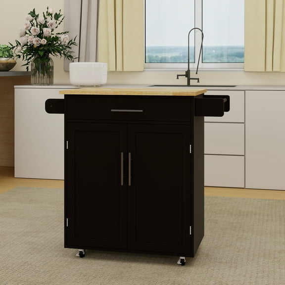 Xukmct Rolling Kitchen Island with 1 Drawer and 2 Doors, Rubber Wood Tabletop Kitchen Cart with Towel Rack and Adjustable Shelves, Black