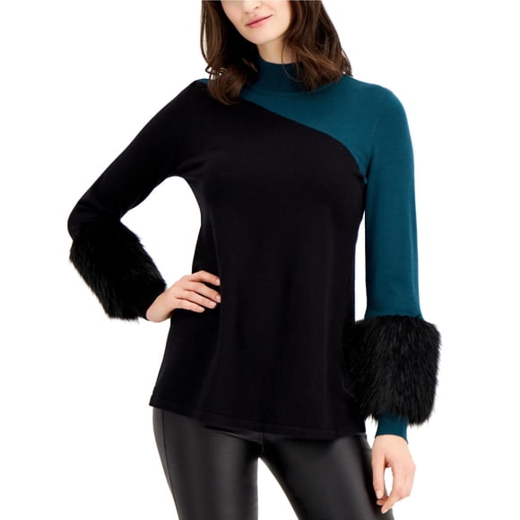 Alfani Womens Colorblocked Faux-Fur Cuffs Pullover Sweater, Blue, Small