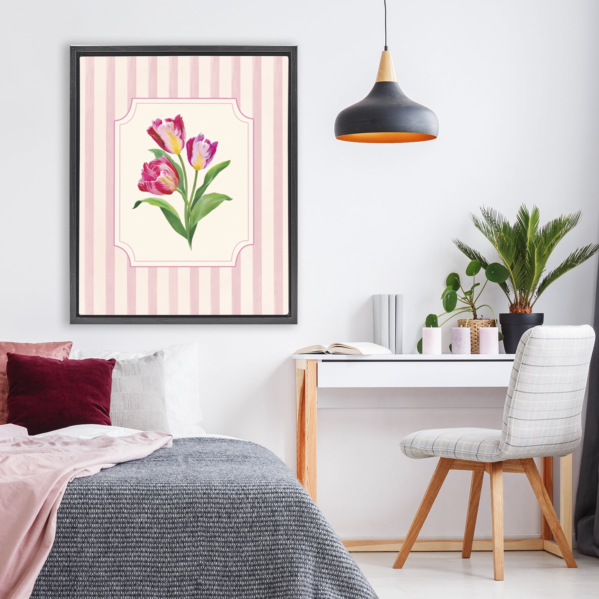 Stupell Industries Magenta Tulips over Stripes Black Framed Floater Canvas Wall Art, design by Diane Neukirch