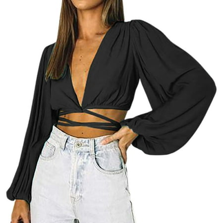 

Wiueurtly Ladies Solid Color Crop Tops Bra Top Femme For Plus Size Bra Casual Design Long Sleeve Blouse Tops For Girls Women Lady Blouses for Work for Women