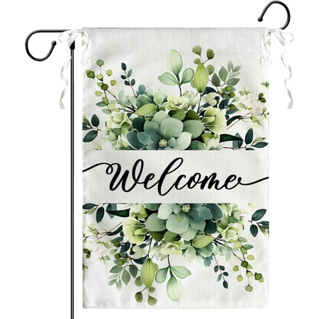 Spring Summer Welcome Garden Flags 12x18 Inch Double Sided Green Eucalyptus Leaves Floral Garden flag Seasonal Yard Flags for Outside Decorations Banner for Outdoor Farmhouse Yard
