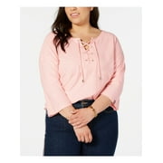 Tommy Hilfiger Womens Plus Lace-Up Three-Quarter Sleeve Pullover Top Pink 2X