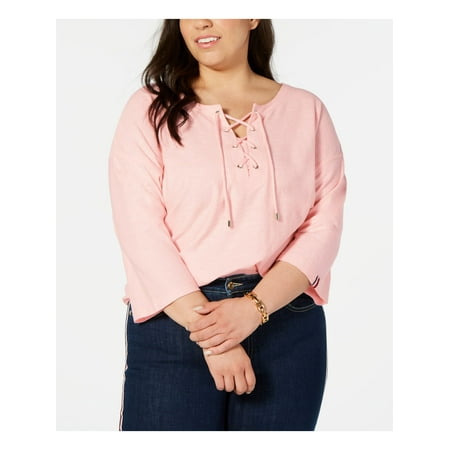 TOMMY HILFIGER Womens Pink Lace Up 3/4 Sleeve V Neck Top Plus Size: 1X