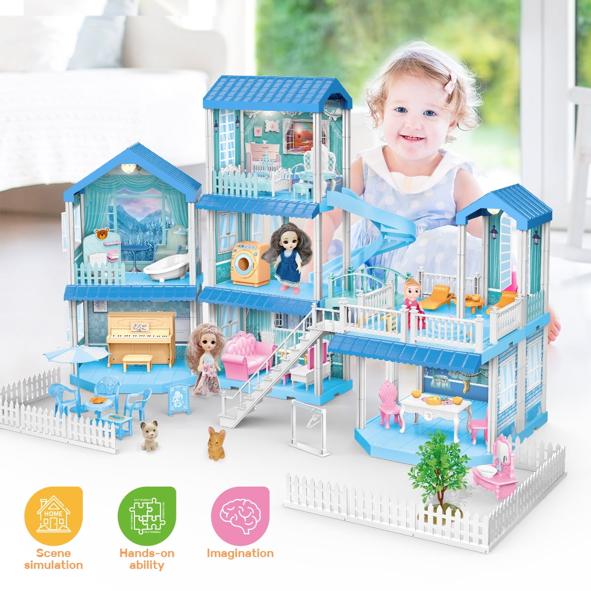 JoyStone DollHouse with Colorful Light and 7 Rooms for Girl, Huge Doll House  DIY Pretend Dream Toy with 3 Dolls, Dreamy Princess House for Kids Gifts  Ages 4-8, Blue 