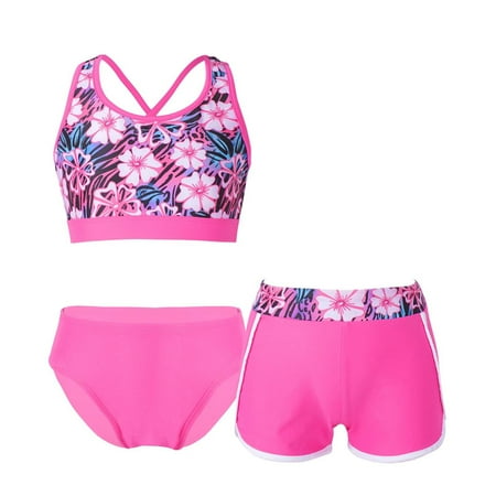 YONGHS Kids Girls 3Pcs Tankini Swimsuit Crop Top with Boyshorts Briefs Bathing Suit Rose Red 10